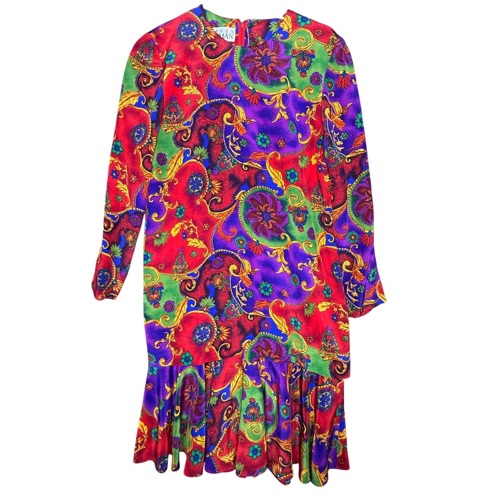 Steven Stolman Vintage Silk Baroque Paisley Ruffle Drop Waist Dress Red Multi 6